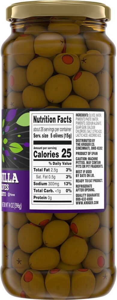 slide 2 of 3, Kroger Pimiento Stuffed Manzanilla Salad Olives, 14 oz