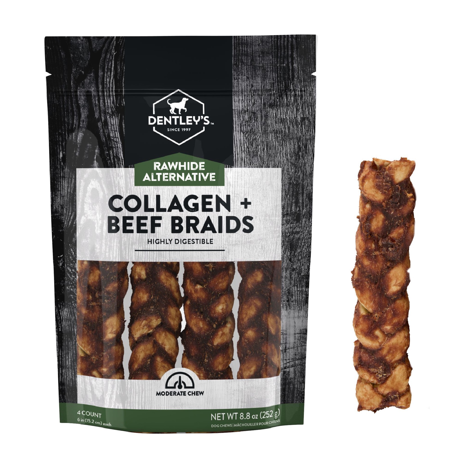 slide 1 of 1, Dentley's Rawhide Alternative Collagen Braids 4 Count 8.88 Oz, 1 ct