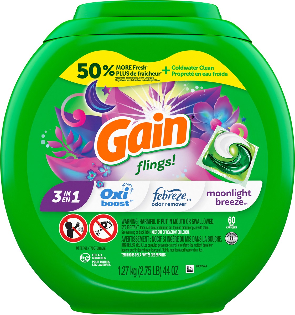 slide 4 of 4, Gain Flings Liquid Laundry Detergent, Moonlight Breeze Scent, HE Compatible, 60 ct