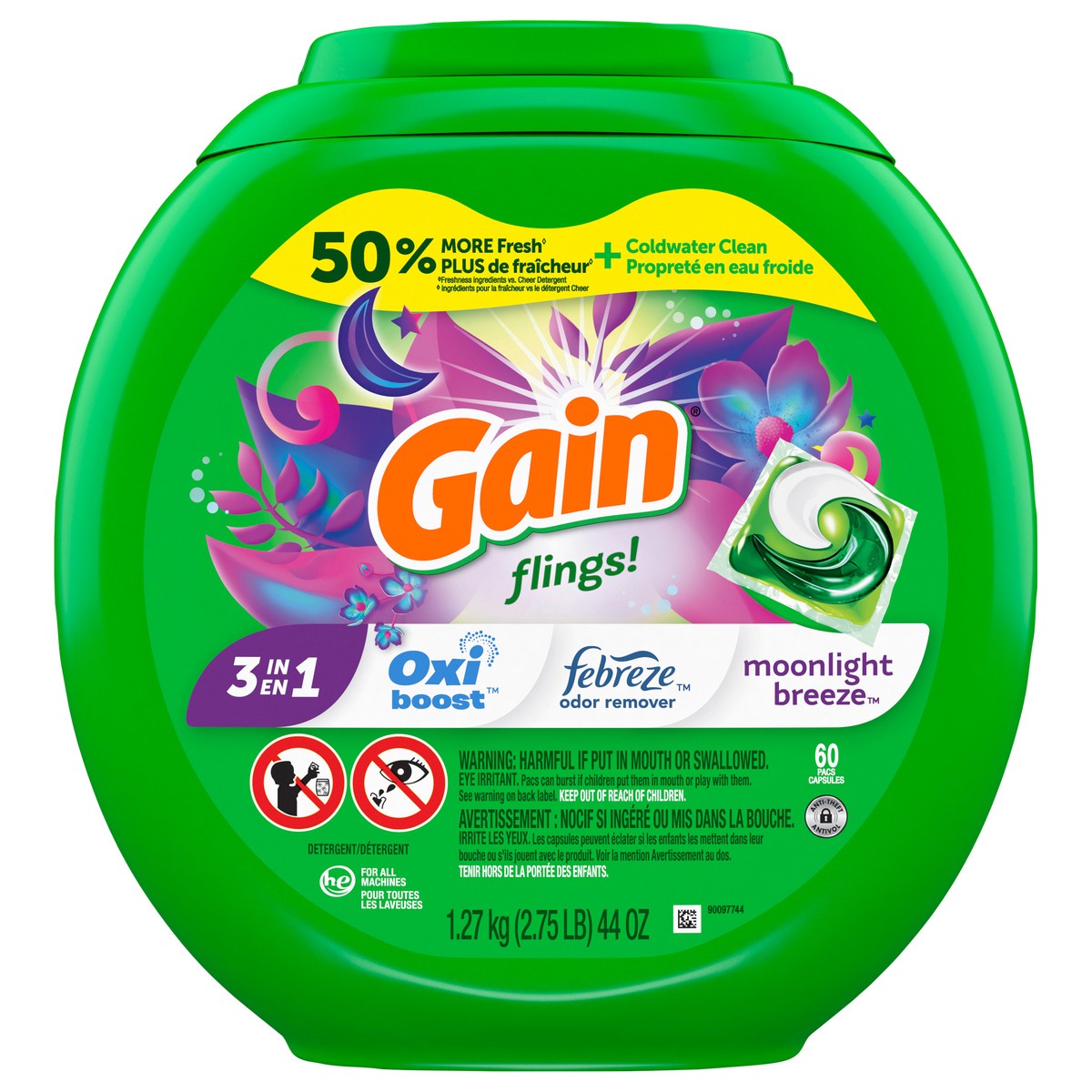 slide 1 of 4, Gain Flings Liquid Laundry Detergent, Moonlight Breeze Scent, HE Compatible, 60 ct