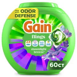 Gain Flings Laundry Detergent Pacs, 60 Count, Moonlight Breeze Scent, with Odor Defense, concentrated laundry soap pacs
