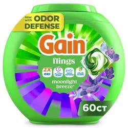 Gain Flings Laundry Detergent Pacs, 60 Count, Moonlight Breeze Scent, with Odor Defense, concentrated laundry soap pacs