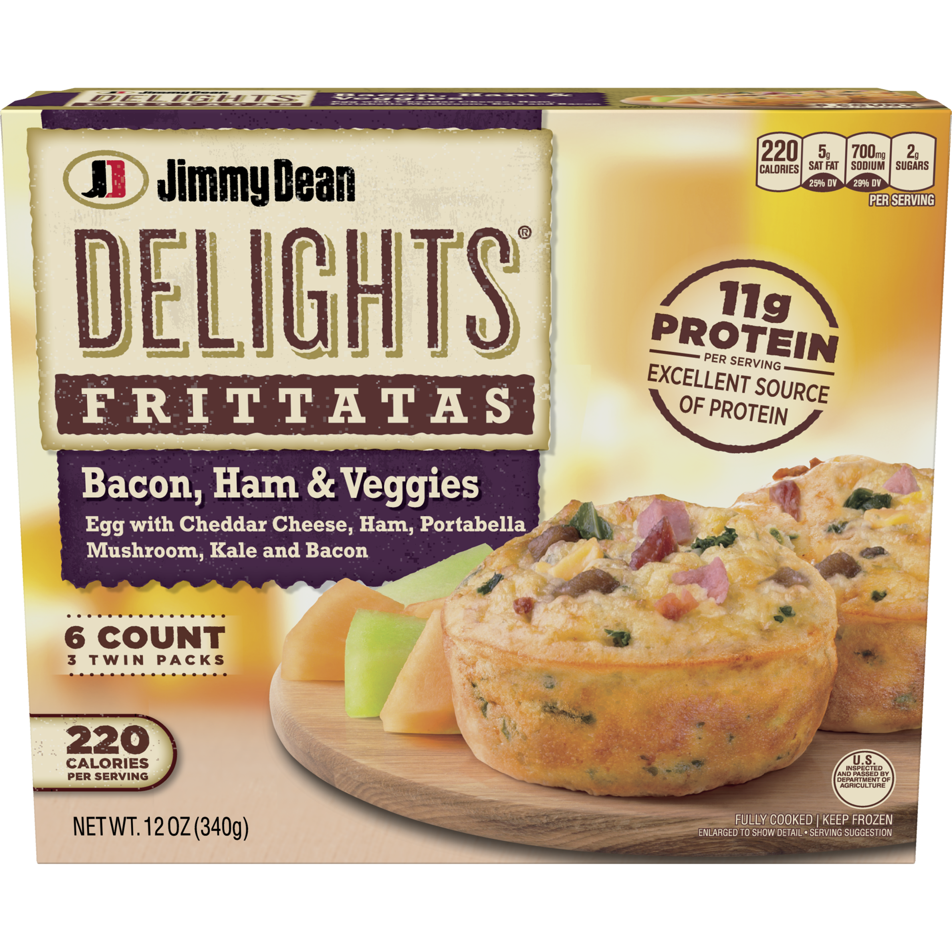 slide 1 of 2, Jimmy Dean Delights Frittatas with Bacon, Ham, & Veggies, Frozen Breakfast, 6 Count, 340.19 g