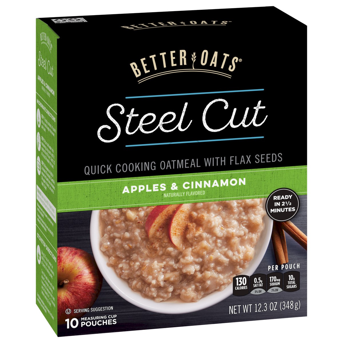 slide 2 of 9, Better Oats Steel Cut Apples and Cinnamon Oatmeal with Flax Seeds, 10 Instant Steel Cut Oatmeal Pouches, 12.3 OZ Pack, 12.3 oz