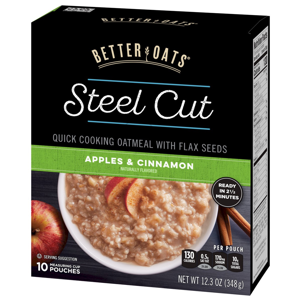 slide 9 of 9, Better Oats Steel Cut Apples and Cinnamon Oatmeal with Flax Seeds, 10 Instant Steel Cut Oatmeal Pouches, 12.3 OZ Pack, 12.3 oz