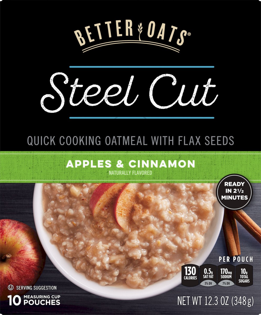 slide 7 of 9, Better Oats Steel Cut Apples and Cinnamon Oatmeal with Flax Seeds, 10 Instant Steel Cut Oatmeal Pouches, 12.3 OZ Pack, 12.3 oz