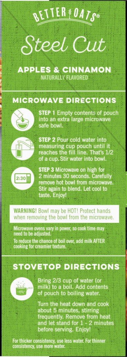 slide 8 of 9, Better Oats Steel Cut Apples and Cinnamon Oatmeal with Flax Seeds, 10 Instant Steel Cut Oatmeal Pouches, 12.3 OZ Pack, 12.3 oz