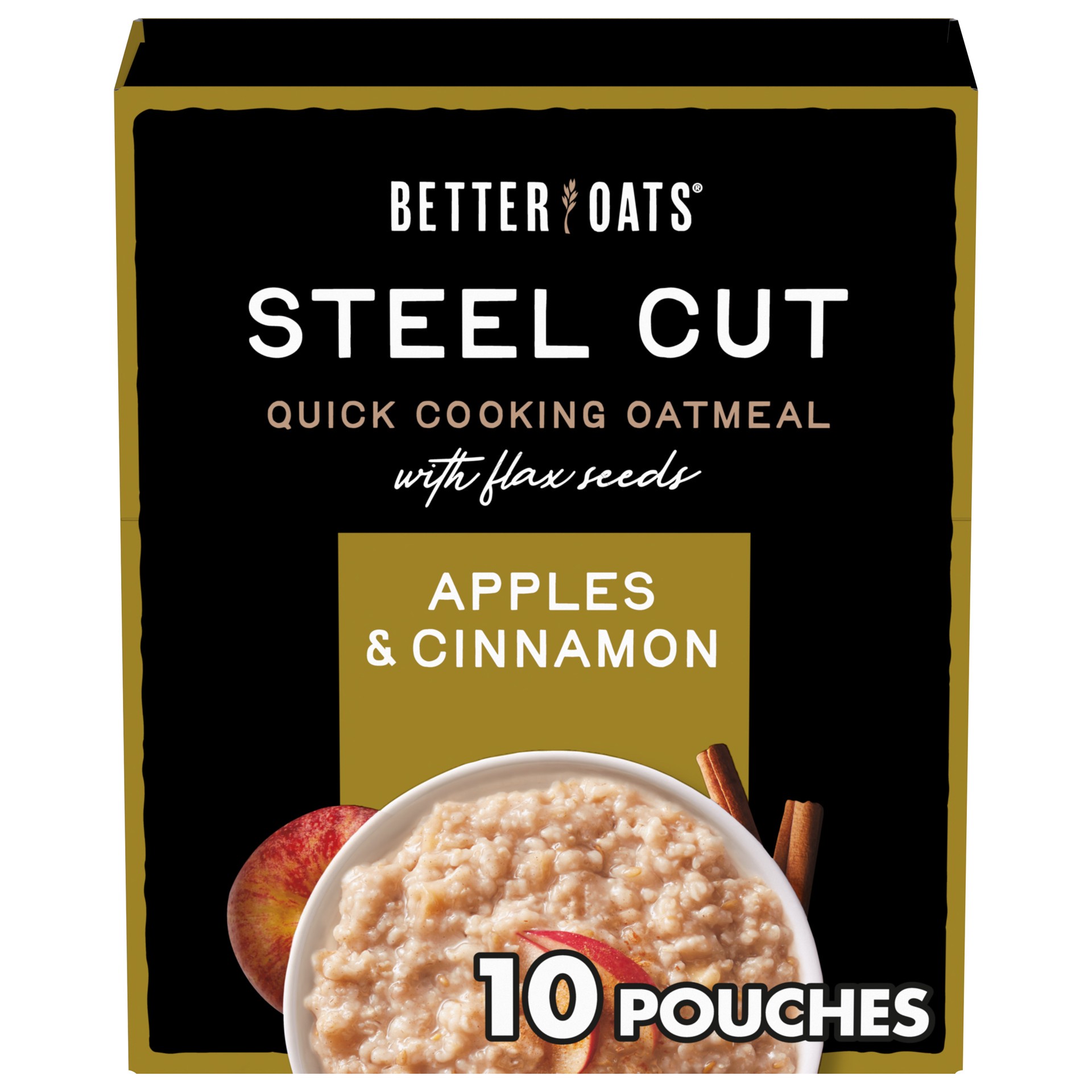 slide 1 of 9, Better Oats Steel Cut Apples and Cinnamon Oatmeal with Flax Seeds, 10 Instant Steel Cut Oatmeal Pouches, 12.3 OZ Pack, 12.3 oz