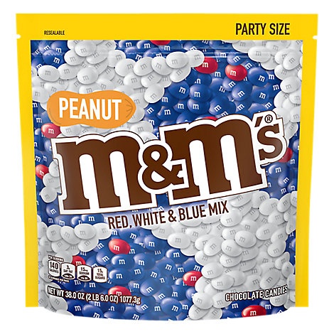 slide 1 of 1, M&Ms Candies Chocolate Red White & Blue Mix Patriotic Peanut Party Size, 38 oz