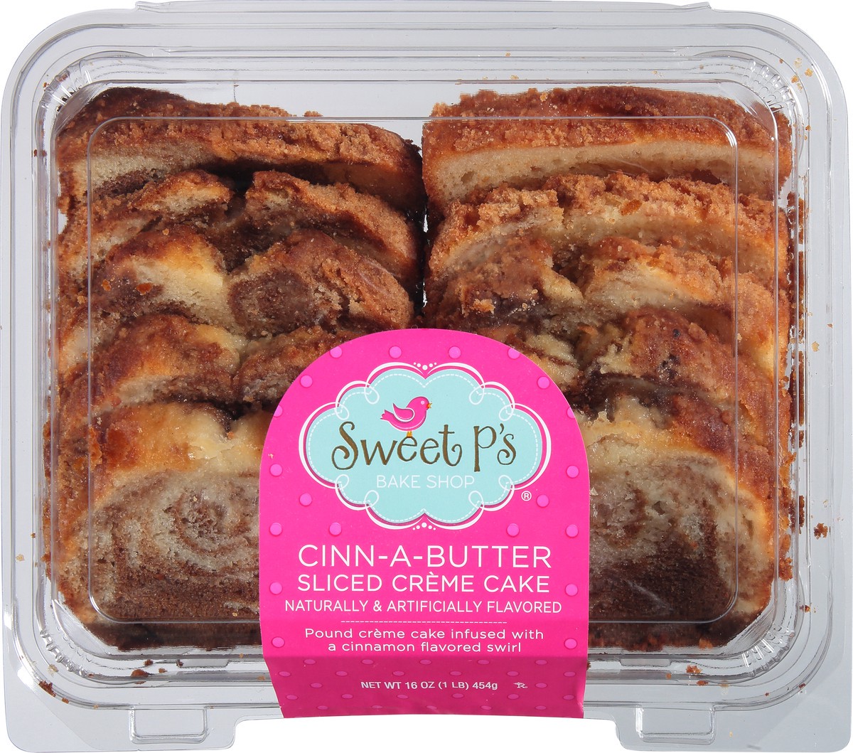 slide 1 of 9, Sweet P's Bake Shop Sliced Cinn-a-Butter Creme Cake 16 oz, 16 oz