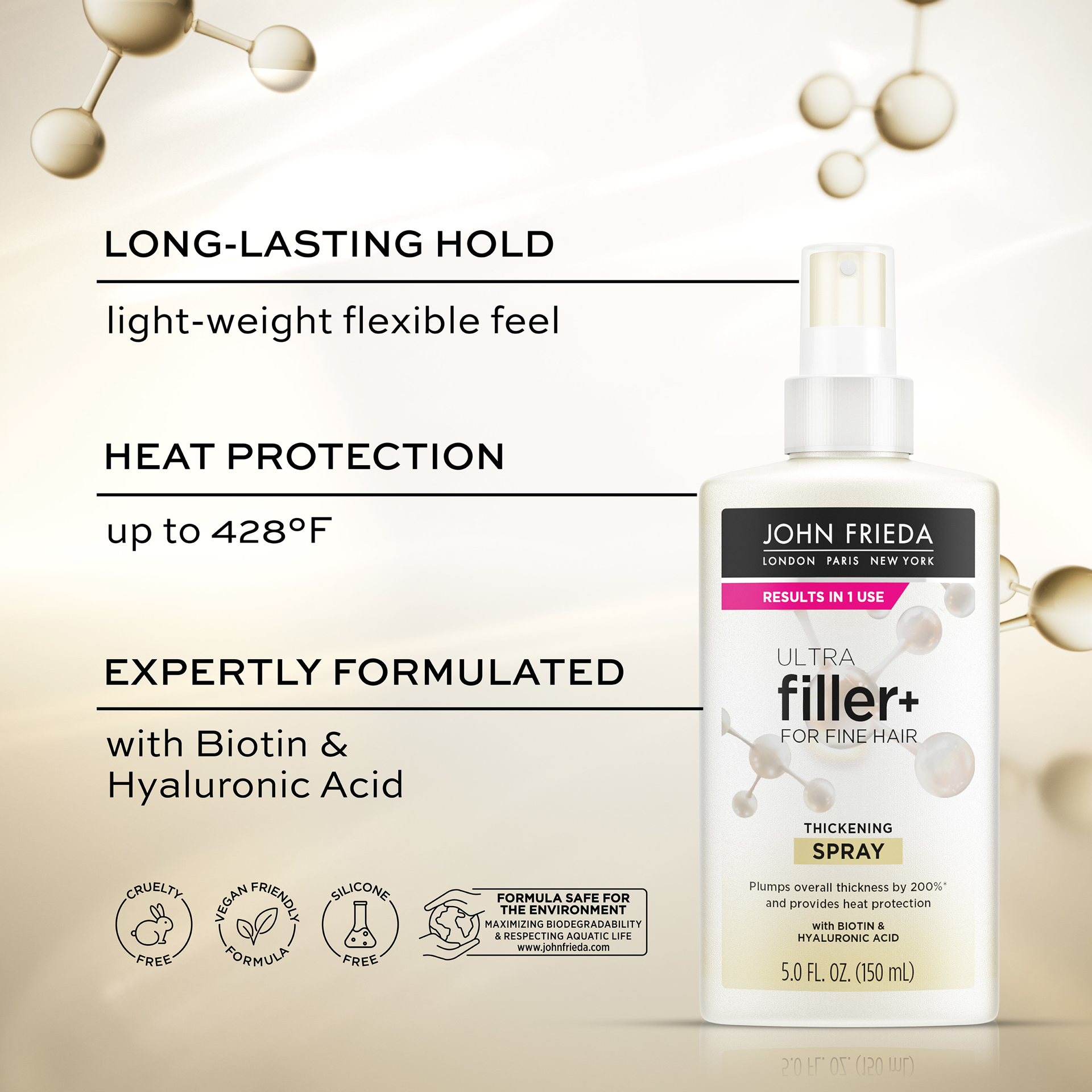 slide 3 of 5, John Frieda ULTRAfiller+ Thickening Spray, Thickening & Strengthening Spray for Damaged or Thin Hair, Infused with Biotin and Hyaluronic Acid to Strengthen Hair for Thicker Fuller Results, 5 Oz, 5 fl oz