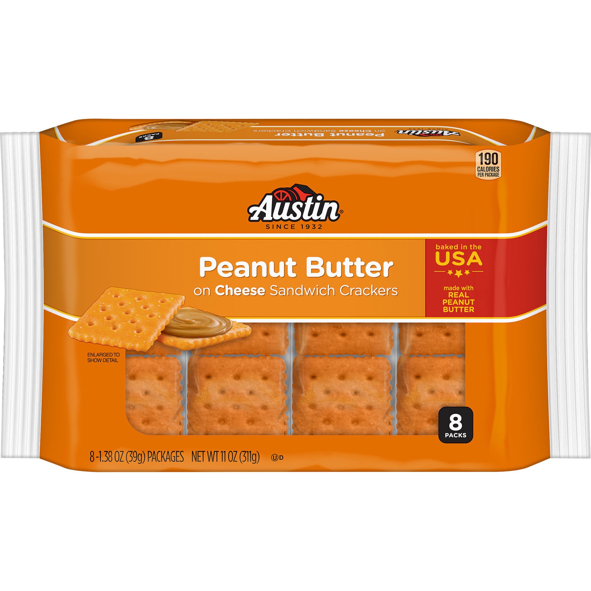 slide 1 of 5, Austin Sandwich Crackers, Single Serve Snack Crackers, Office and Kids Snacks, Peanut Butter on Cheese, 11oz Tray, 8 Packs, 11 oz