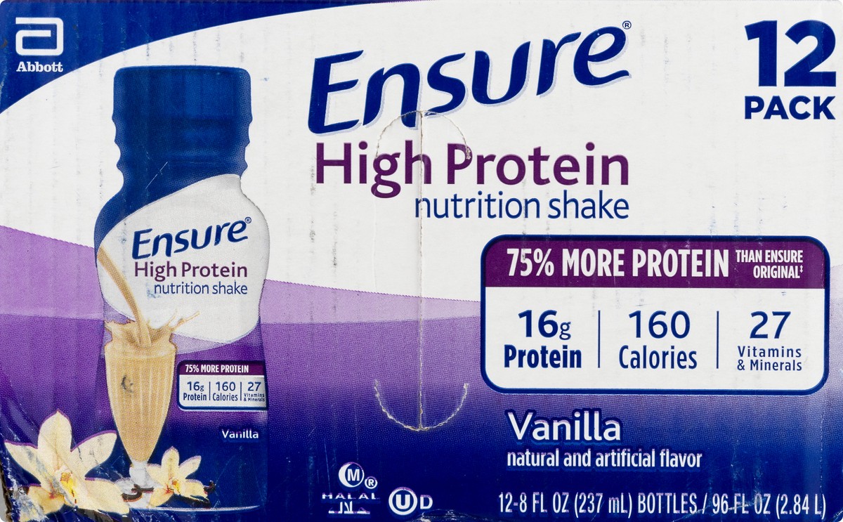 slide 8 of 10, Ensure High Protein Vanilla Nutrition Shake 12 - 8 fl oz Bottles, 96 fl oz