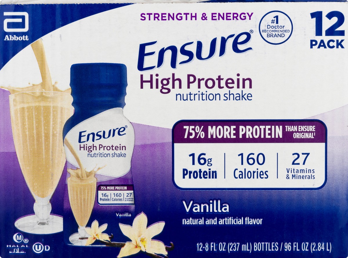 slide 9 of 10, Ensure High Protein Vanilla Nutrition Shake 12 - 8 fl oz Bottles, 96 fl oz