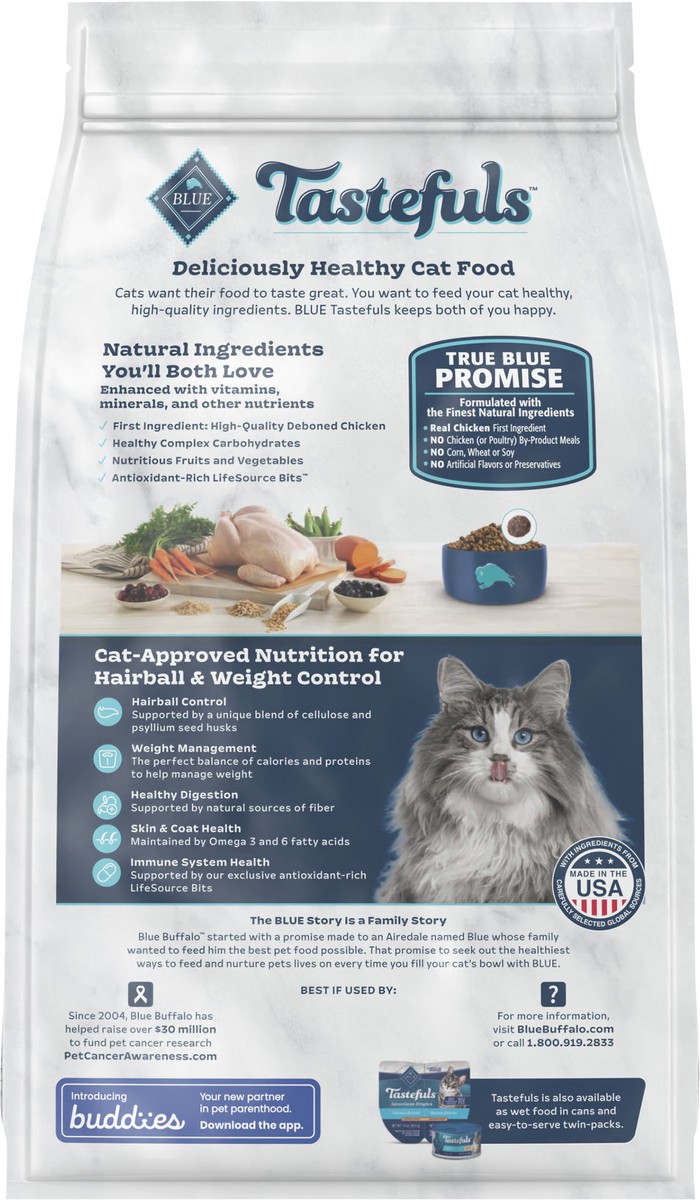 slide 2 of 7, Blue Buffalo Tastefuls Weight & Hairball Control Natural Adult Dry Cat Food, Chicken, 7lb bag, 7 lb