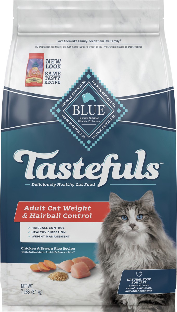 slide 5 of 7, Blue Buffalo Tastefuls Weight & Hairball Control Natural Adult Dry Cat Food, Chicken, 7lb bag, 7 lb
