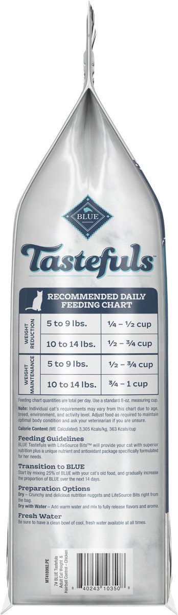 slide 6 of 7, Blue Buffalo Tastefuls Weight & Hairball Control Natural Adult Dry Cat Food, Chicken, 7lb bag, 7 lb