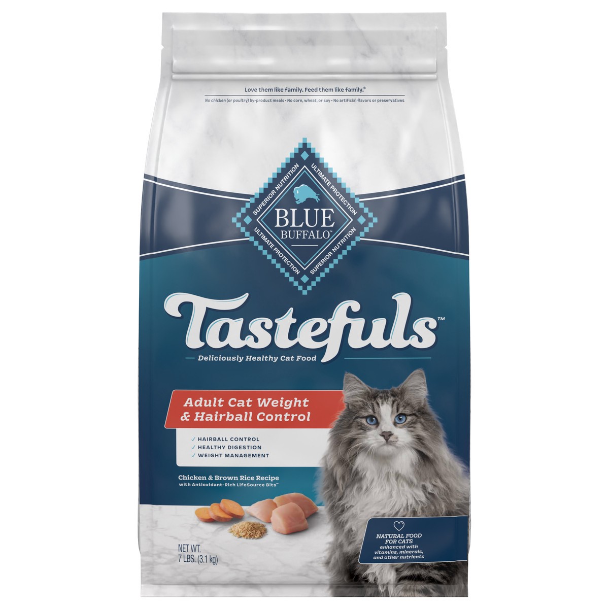 slide 1 of 7, Blue Buffalo Tastefuls Weight & Hairball Control Natural Adult Dry Cat Food, Chicken, 7lb bag, 7 lb