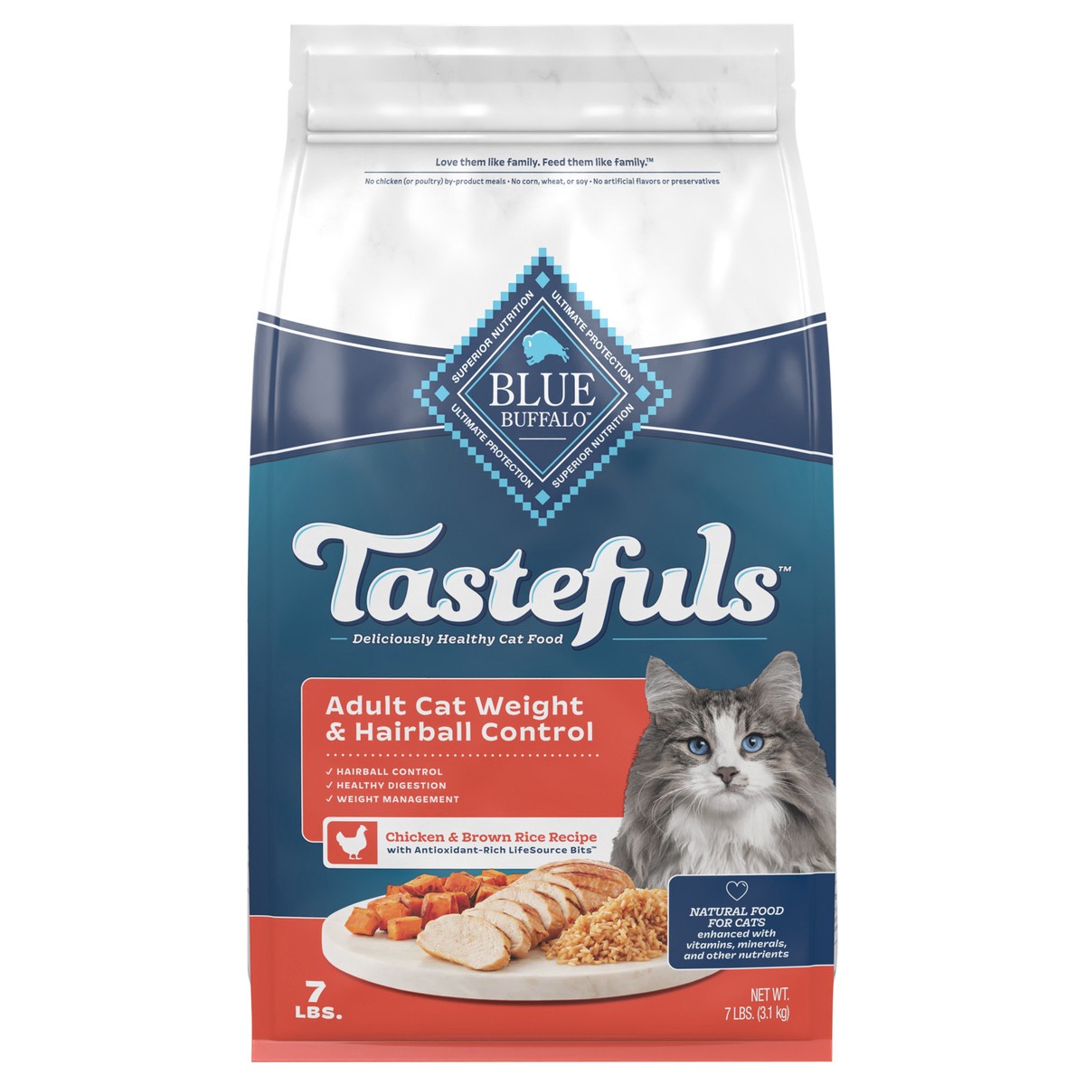 slide 1 of 7, Blue Buffalo Tastefuls Adult Dry Cat Food for Weight Management & Hairball Control, Made in the USA with Natural Ingredients, Chicken Recipe, 7-lb. Bag, 7 lb
