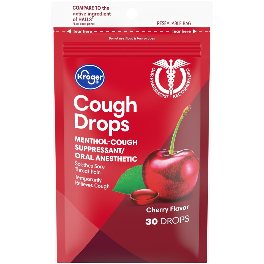 slide 1 of 1, Kroger Cherry Flavor Cough Drops, 30 ct