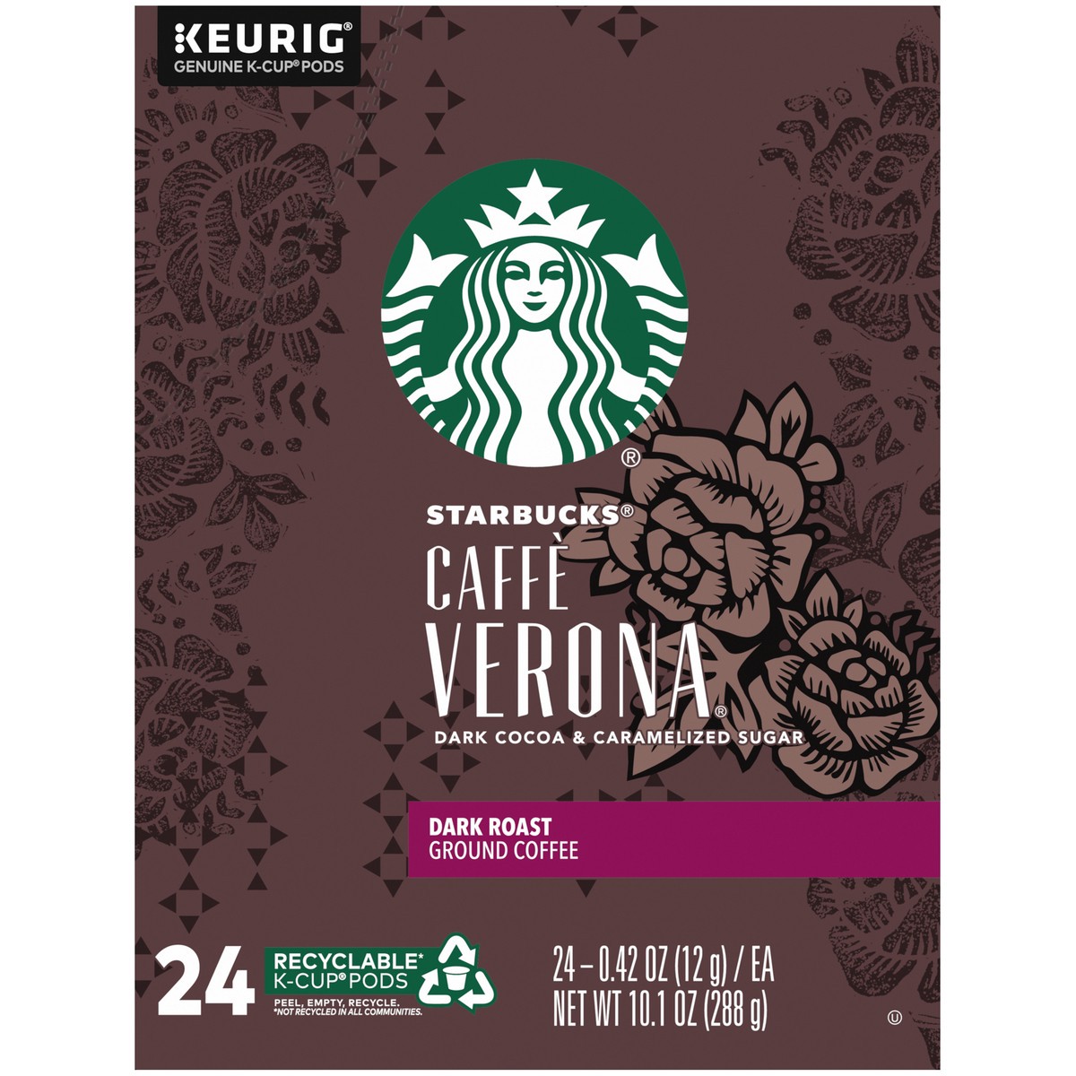 slide 13 of 13, Starbucks K-Cup Coffee Pods, Dark Roast Coffee, Caffè Verona For Keurig Coffee Makers, 100% Arabica, 1 Box (24 Pods), 1 ct