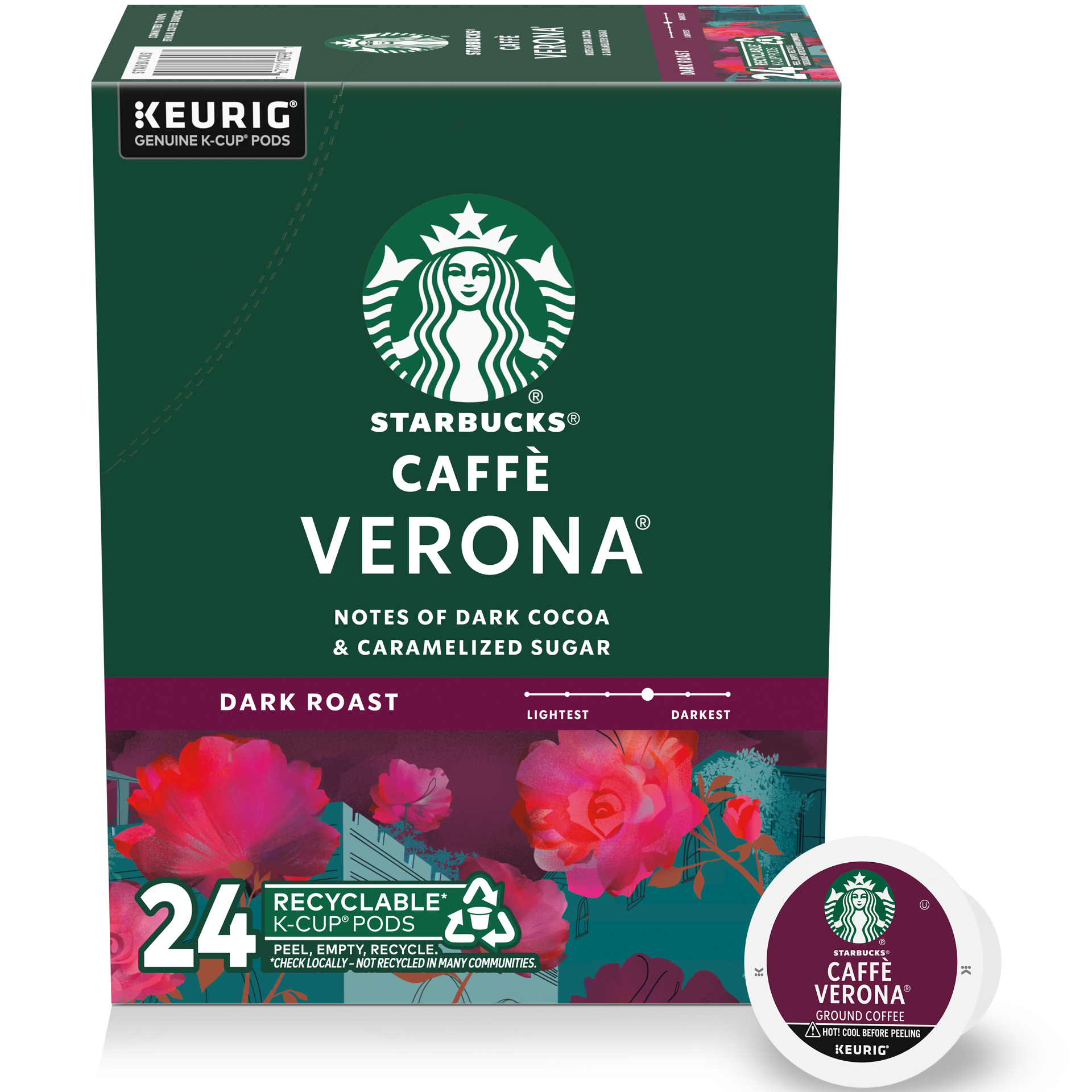 slide 1 of 13, Starbucks K-Cup Coffee Pods, Dark Roast Coffee, Caffè Verona For Keurig Coffee Makers, 100% Arabica, 1 Box (24 Pods), 1 ct