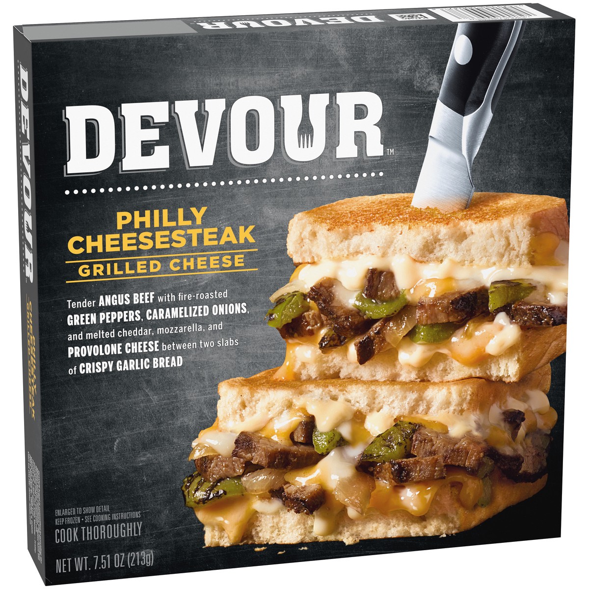 slide 3 of 8, DEVOUR Philly Cheesesteak Grilled Cheese with Roasted Green Peppers & Caramelized Onions Frozen Meal, 7.5 oz Box, 7.51 oz