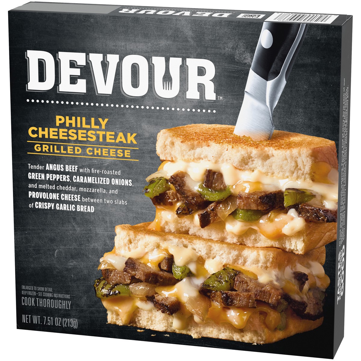 slide 2 of 8, DEVOUR Philly Cheesesteak Grilled Cheese with Roasted Green Peppers & Caramelized Onions Frozen Meal, 7.5 oz Box, 7.51 oz