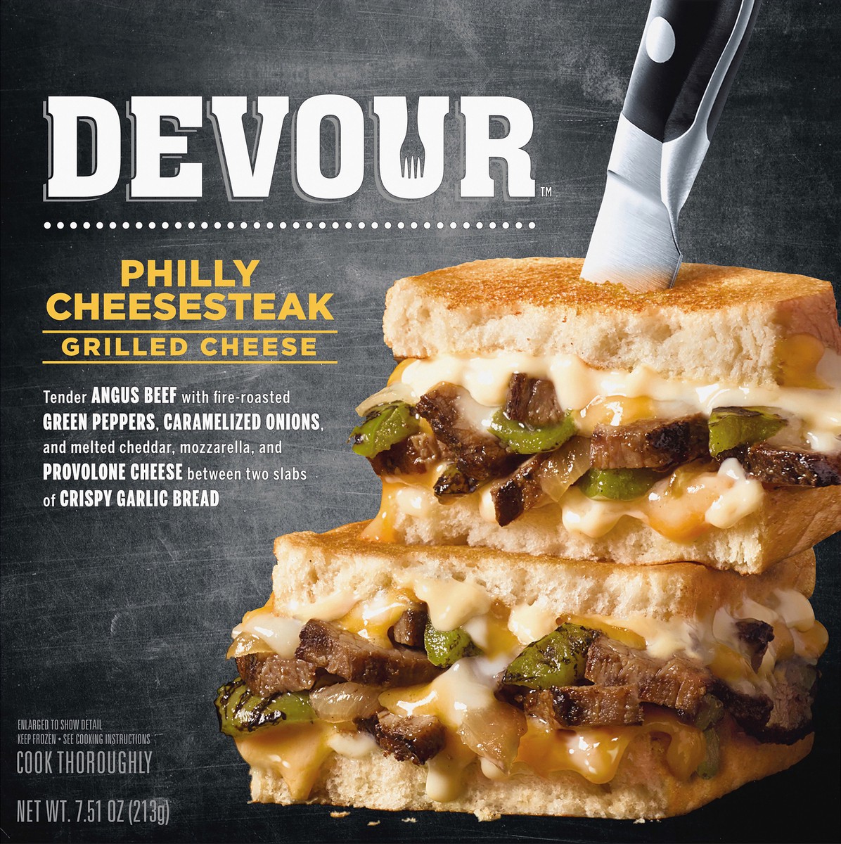 slide 7 of 8, DEVOUR Philly Cheesesteak Grilled Cheese with Roasted Green Peppers & Caramelized Onions Frozen Meal, 7.5 oz Box, 7.51 oz