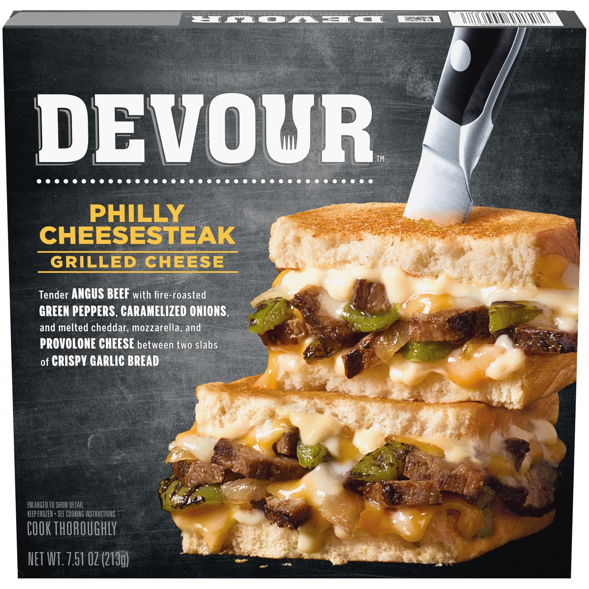slide 1 of 8, DEVOUR Philly Cheesesteak Grilled Cheese with Roasted Green Peppers & Caramelized Onions Frozen Meal, 7.5 oz Box, 7.51 oz