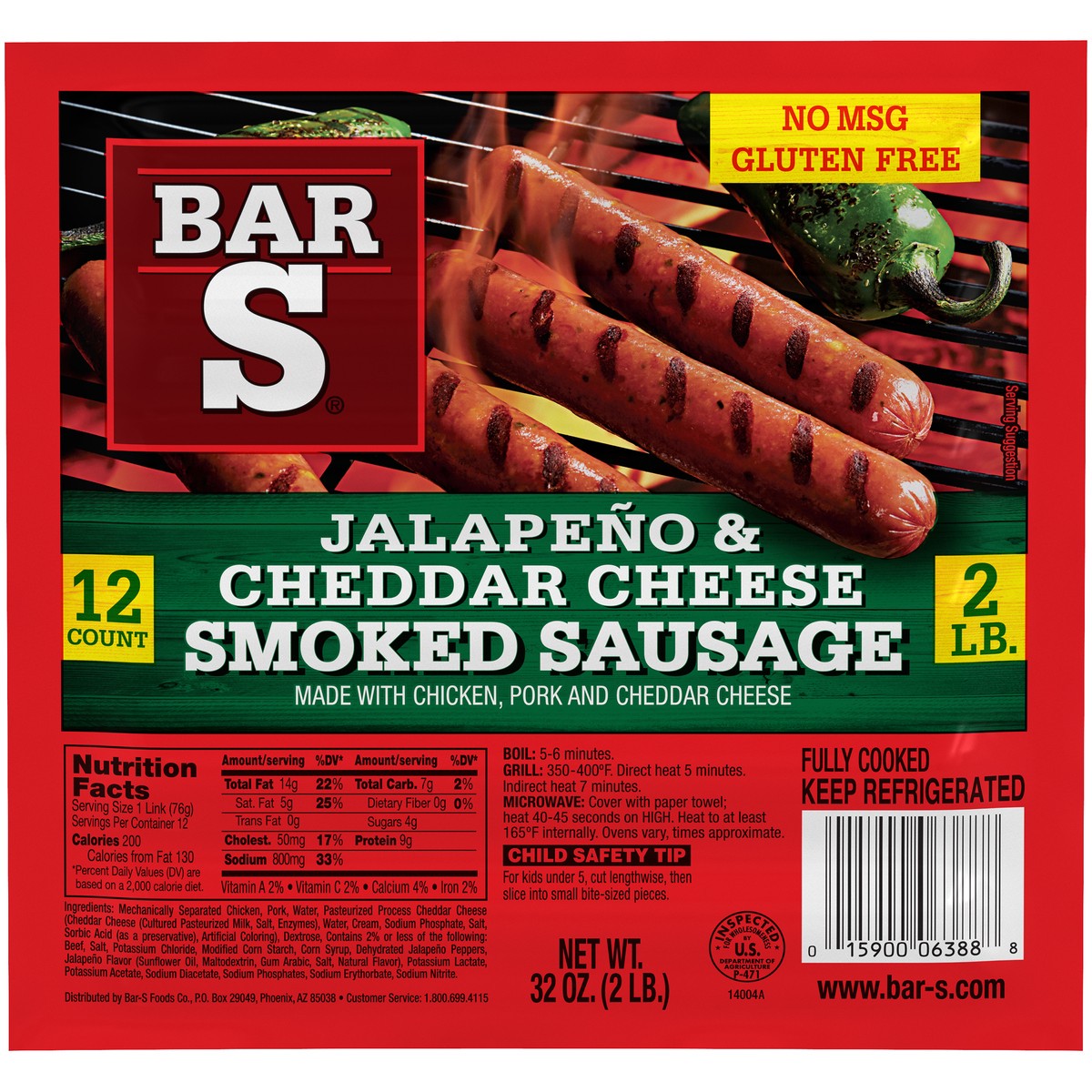 slide 1 of 14, Bar-S Jalapeno & Cheddar Cheese Smoked Sausage 12 ct Pack, 32 oz