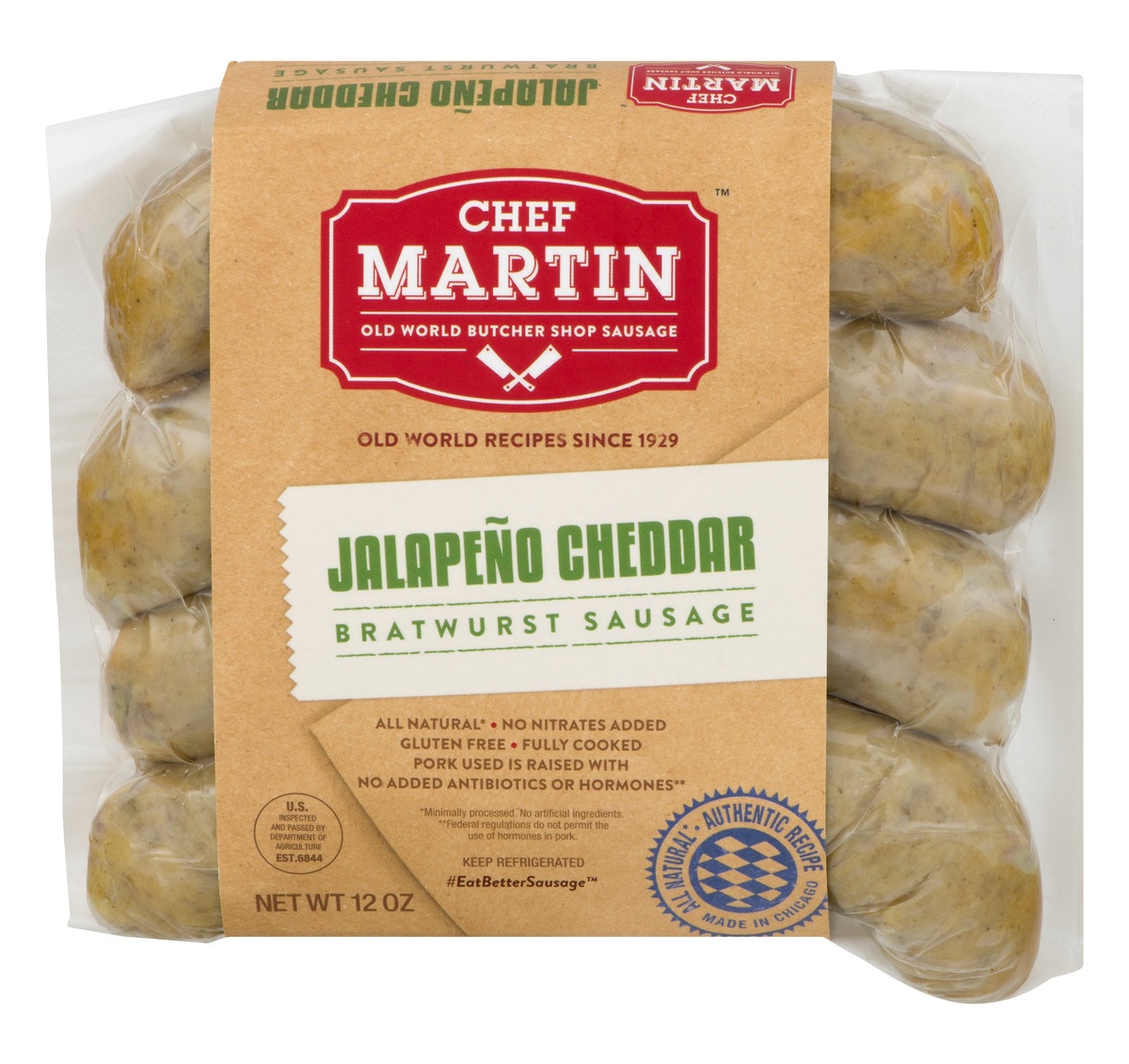 slide 1 of 1, Chef Martin Jalapeno Cheddar Brats, 12 oz