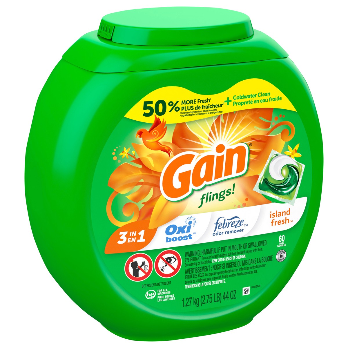 slide 3 of 7, Gain flings! Liquid Laundry Detergent Soap Pacs, HE Compatible, 60 Count, Long Lasting Scent, Island Fresh Scent, 60 ct
