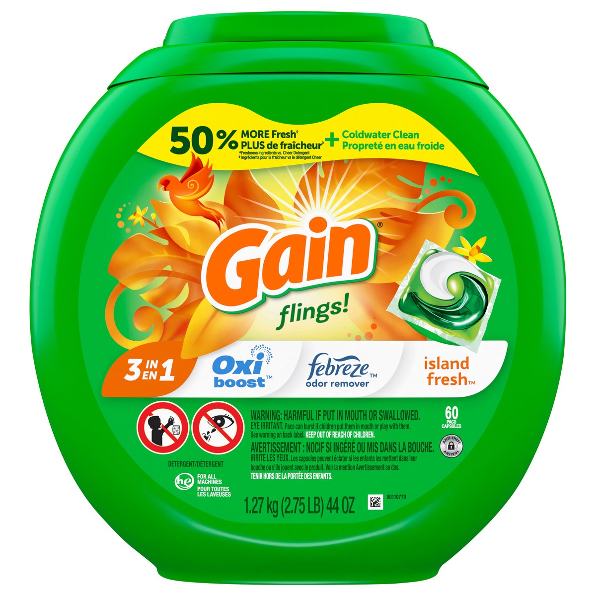 slide 1 of 7, Gain flings! Liquid Laundry Detergent Soap Pacs, HE Compatible, 60 Count, Long Lasting Scent, Island Fresh Scent, 60 ct