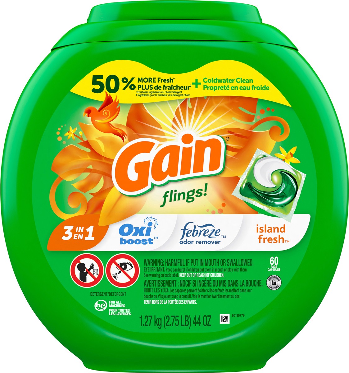 slide 5 of 7, Gain flings! Liquid Laundry Detergent Soap Pacs, HE Compatible, 60 Count, Long Lasting Scent, Island Fresh Scent, 60 ct