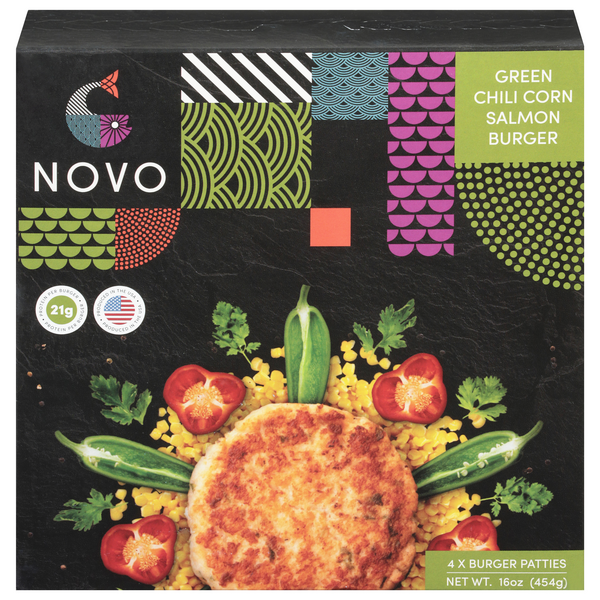 slide 1 of 1, Novo Farmed Green Chili Corn Atlantic Salmon Burger Patties - 4 ct Frozen, 4 ct; 16 oz