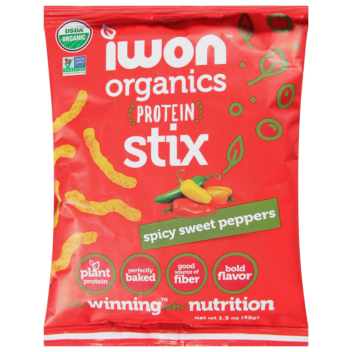 slide 1 of 5, Iwon Organics Spicy Sweet Peppers Protein Stix 1.5 oz, 1.5 oz