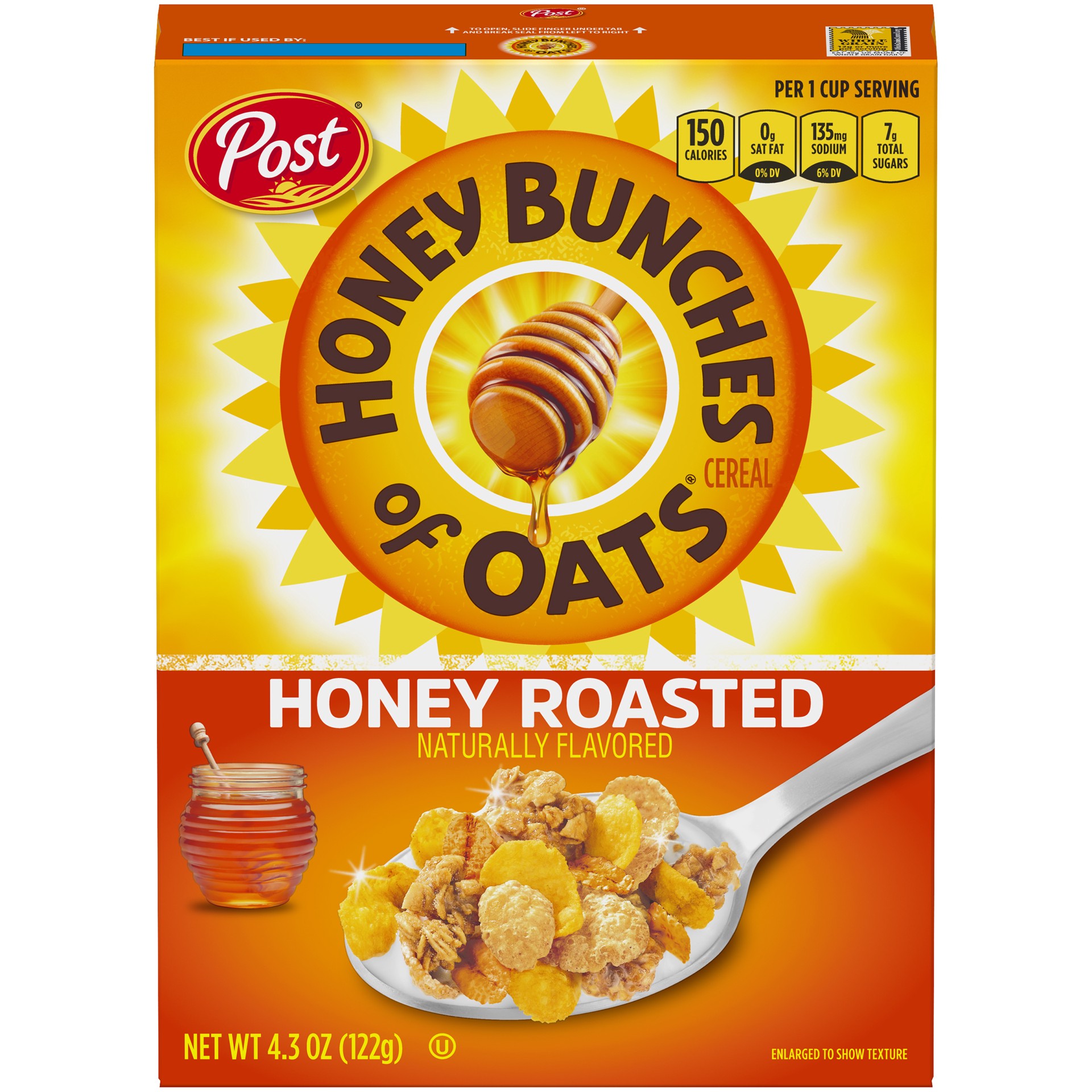 slide 1 of 2, Post Honey Bunches of Oats Honey Roasted, Heart Healthy, Low Fat, made with Whole Grain Cereal, 4.3 Ounce, 4.3 oz
