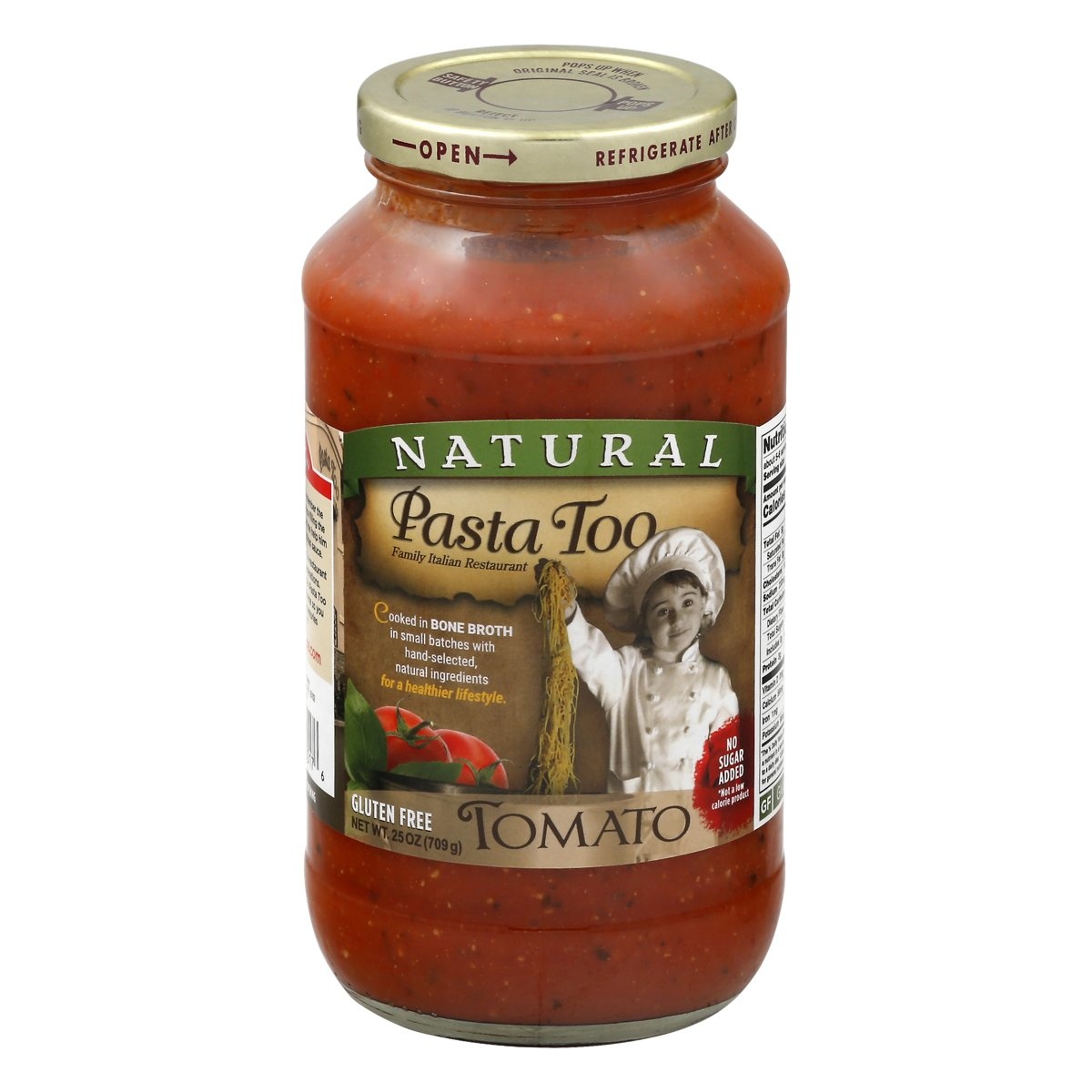 slide 1 of 1, Pasta Too Natural Tomato Pasta Sauce, 26 oz
