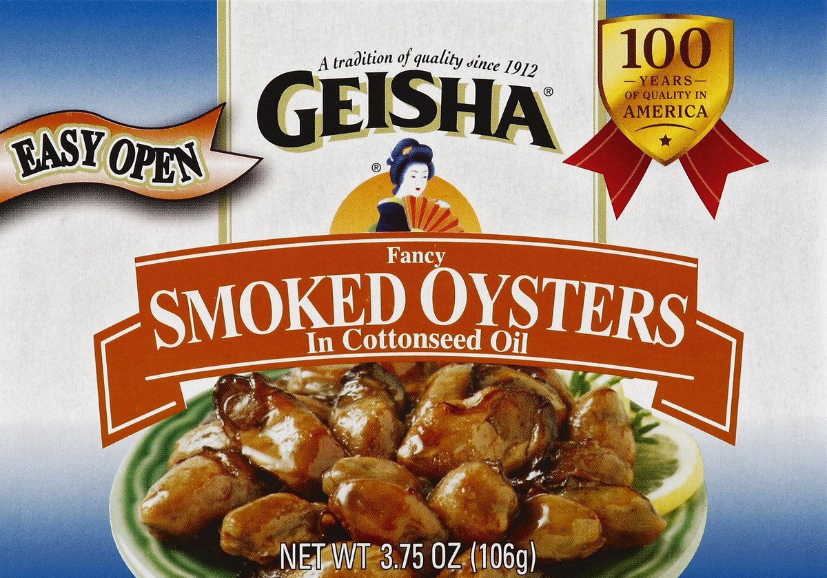 slide 1 of 5, Geisha Smoked Oysters, 3.75 oz