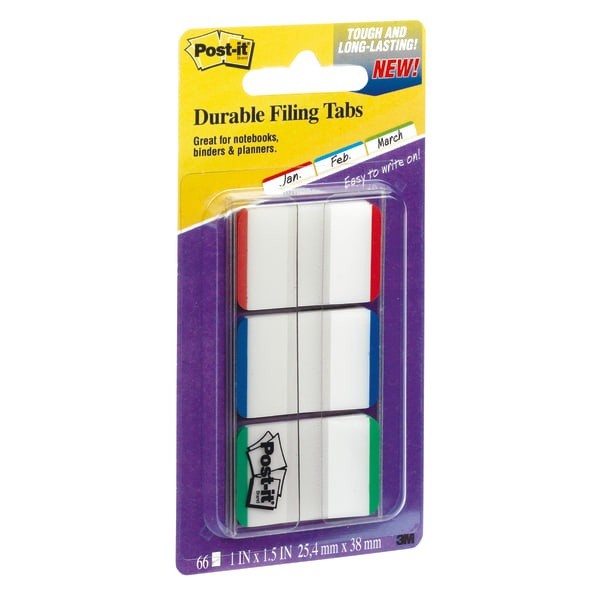 slide 1 of 7, Post-it Tabs Durable File Tabs, 1 x 1 1/2, Striped, Blue/Green/Red, 66 ct