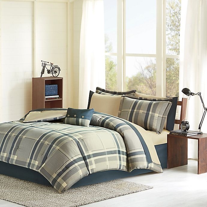 slide 1 of 5, Intelligent Design Robbie Full Comforter Set - Navy/Taupe, 9 ct