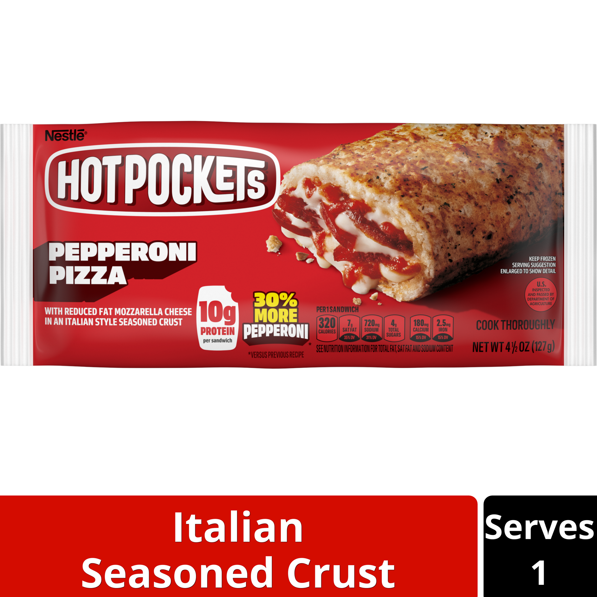 slide 1 of 10, Hot Pockets Pepperoni Pizza Garlic Buttery Crust Frozen Snacks, Pizza Snack Made with Reduced Fat Mozzarella Cheese, 1 Count Frozen Sandwich, 4.5 oz