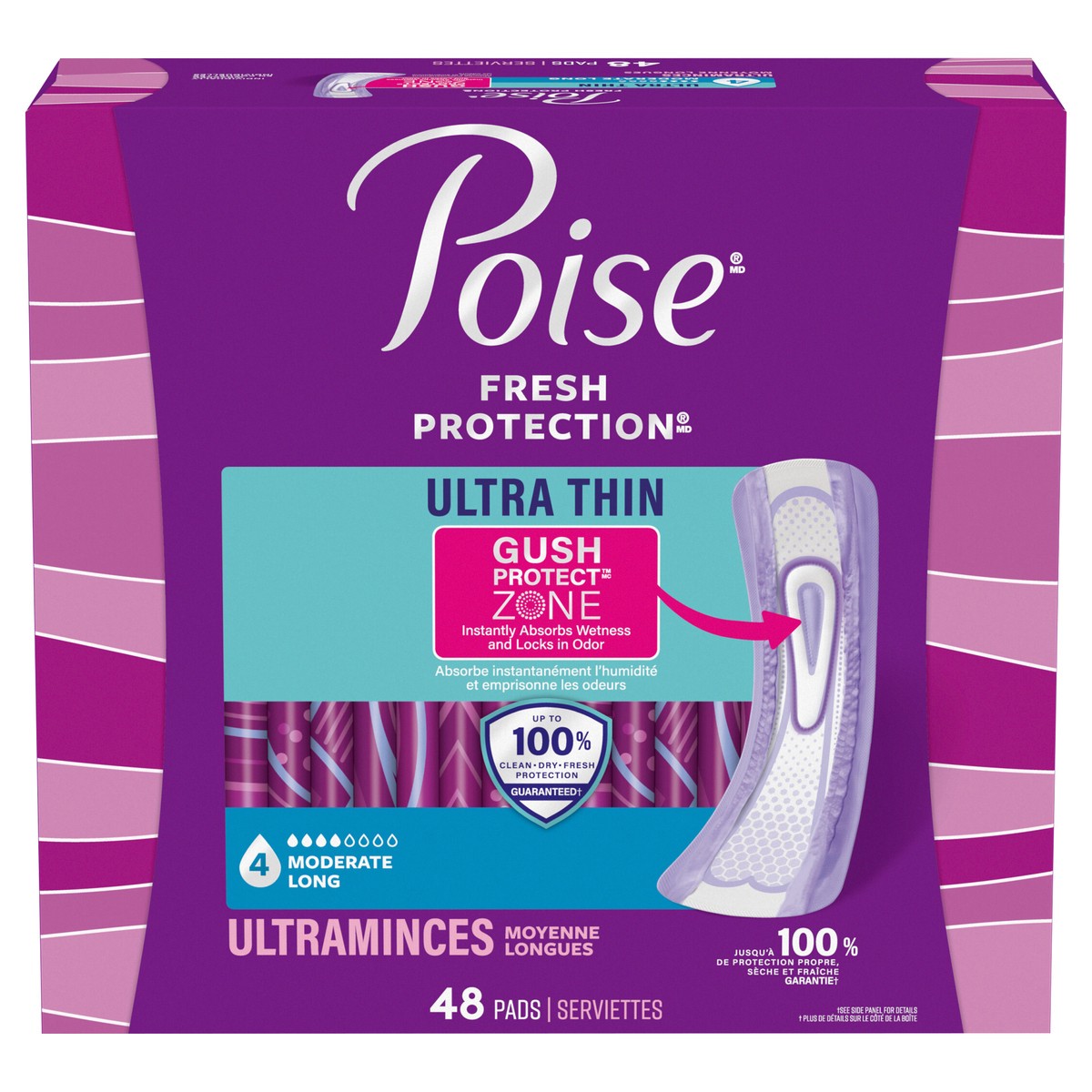 slide 1 of 8, Poise Ultra Thin Incontinence Pads & Postpartum Pads for Bladder Leaks, 4 Drop Moderate Absorbency, Long Length, 48 Count, 48 ct
