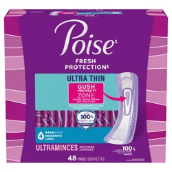 Poise Ultra Thin Incontinence Pads & Postpartum Pads for Bladder Leaks, 4 Drop Moderate Absorbency, Long Length, 48 Count