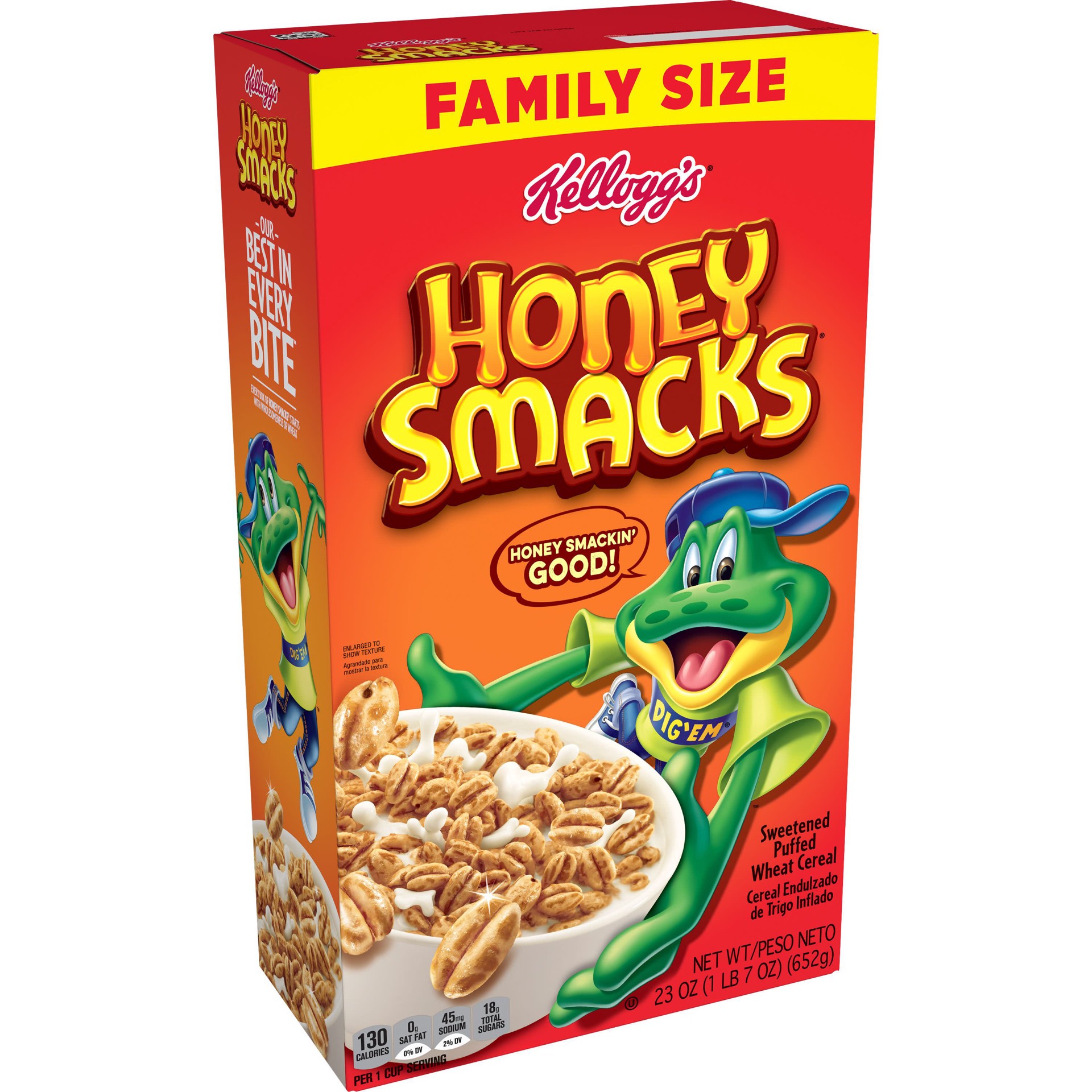 slide 1 of 13, Honey Smacks Kellogg's Honey Smacks Breakfast Cereal, Made with Whole Grain, Kids Snacks, Family Size, Original, 23oz Box, 1 Box, 23 oz