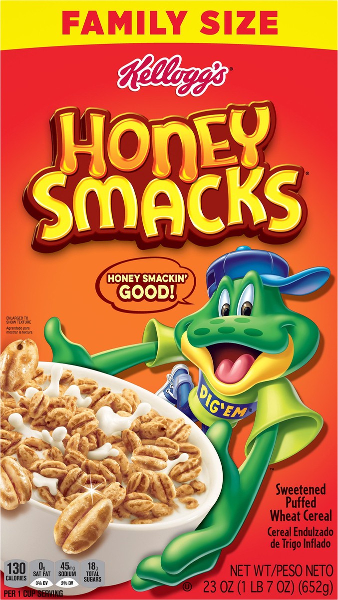 slide 9 of 13, Honey Smacks Kellogg's Honey Smacks Breakfast Cereal, Made with Whole Grain, Kids Snacks, Family Size, Original, 23oz Box, 1 Box, 23 oz