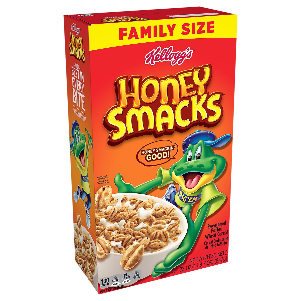slide 2 of 13, Honey Smacks Kellogg's Honey Smacks Breakfast Cereal, Made with Whole Grain, Kids Snacks, Family Size, Original, 23oz Box, 1 Box, 23 oz