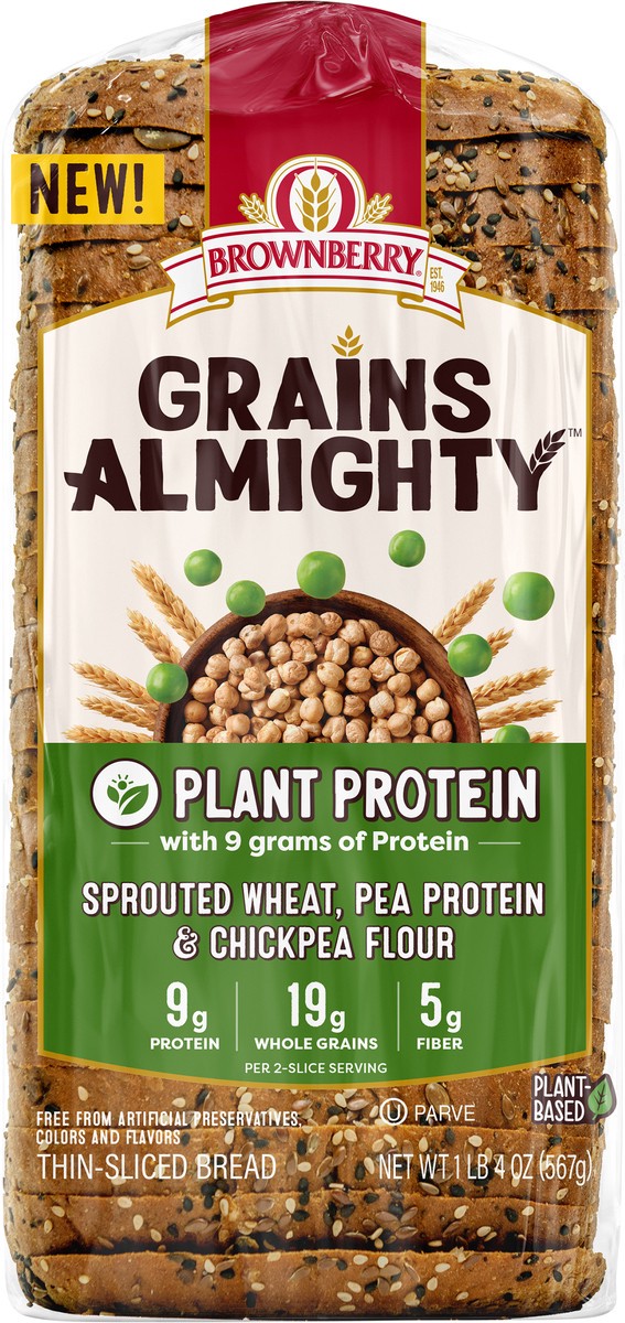 slide 9 of 9, Brownberry Grains Almighty Plant Protein Thin Sliced Bread, 20 oz, 20 oz