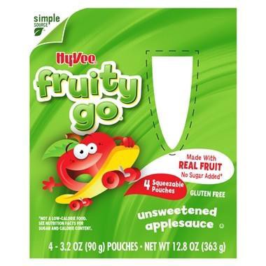 slide 1 of 1, Hy-Vee Fruity Go Applesauce, Unsweetened, 4-3.2 Oz Pouches, 12.8 oz